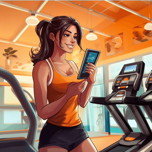A fitness trainer at the gym, managing workouts from her phone on the Workoutcraft personal trainer app.
